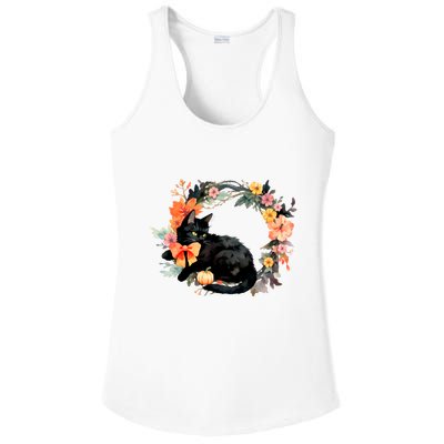 Floral Halloween Wreath Cute Black Cat Ladies PosiCharge Competitor Racerback Tank