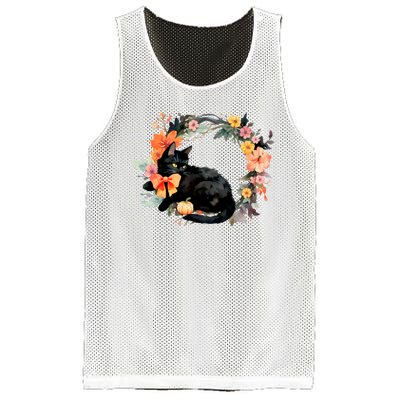 Floral Halloween Wreath Cute Black Cat Mesh Reversible Basketball Jersey Tank