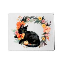 Floral Halloween Wreath Cute Black Cat Mousepad