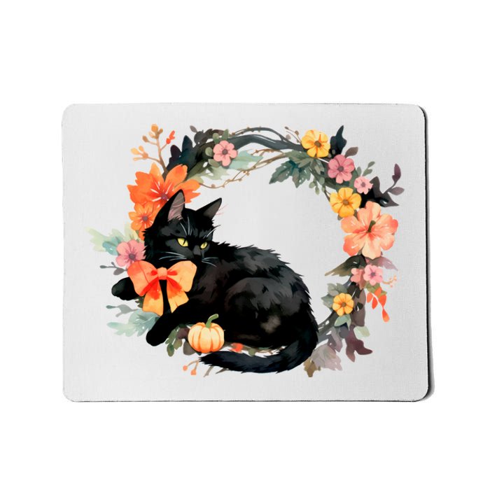 Floral Halloween Wreath Cute Black Cat Mousepad