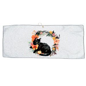 Floral Halloween Wreath Cute Black Cat Large Microfiber Waffle Golf Towel