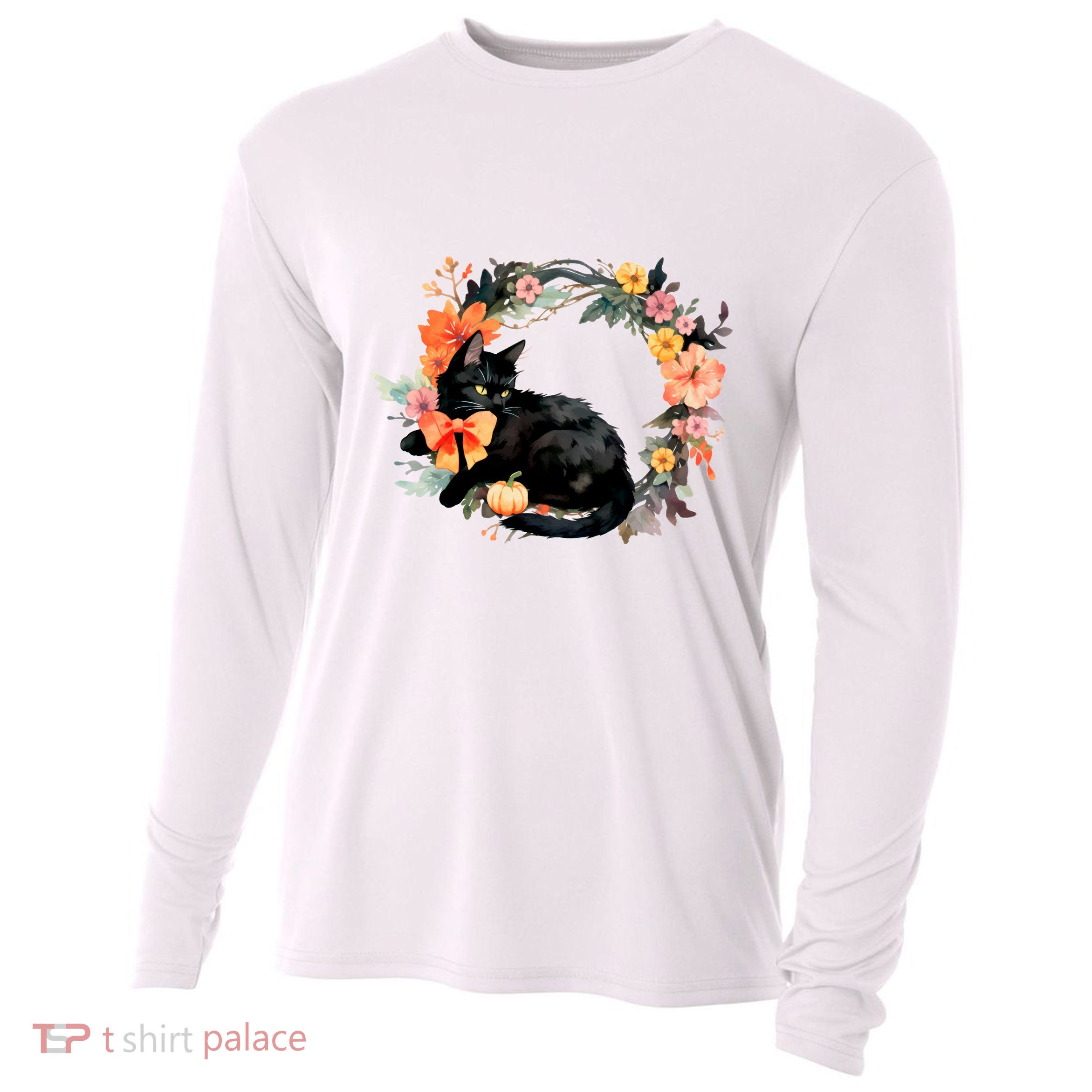 Floral Halloween Wreath Cute Black Cat Cooling Performance Long Sleeve Crew
