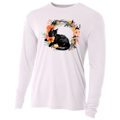 Floral Halloween Wreath Cute Black Cat Cooling Performance Long Sleeve Crew