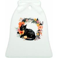 Floral Halloween Wreath Cute Black Cat Ceramic Bell Ornament