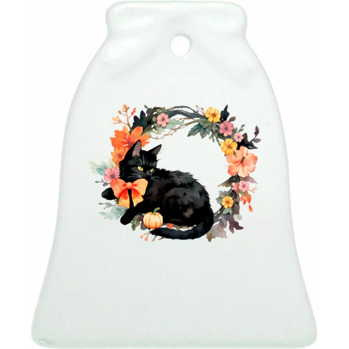 Floral Halloween Wreath Cute Black Cat Ceramic Bell Ornament