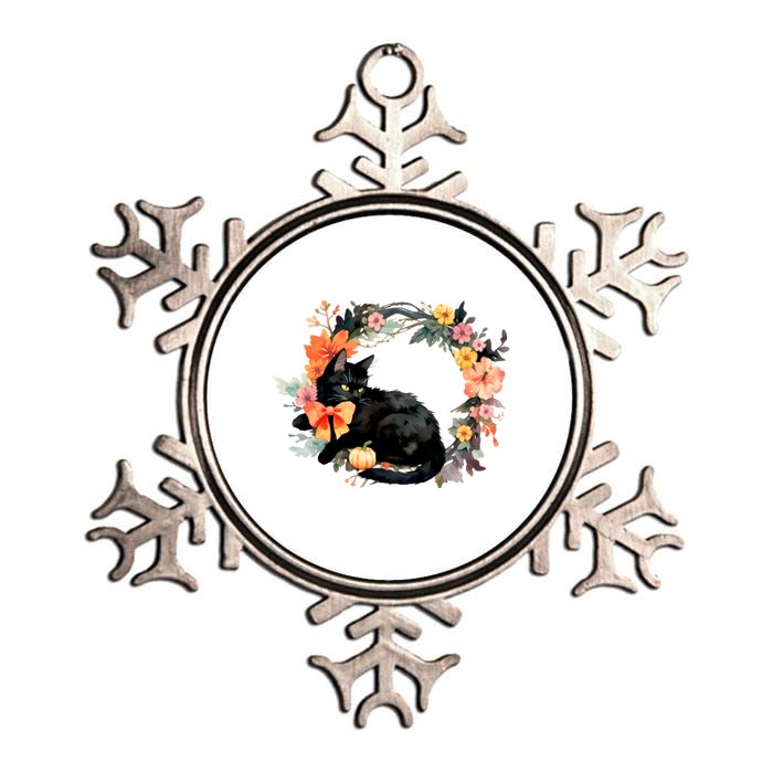 Floral Halloween Wreath Cute Black Cat Metallic Star Ornament