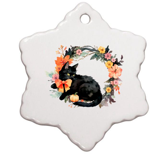 Floral Halloween Wreath Cute Black Cat Ceramic Star Ornament