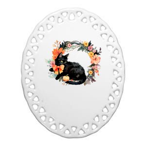 Floral Halloween Wreath Cute Black Cat Ceramic Oval Ornament