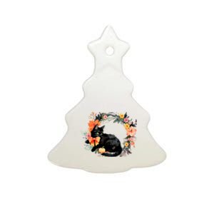 Floral Halloween Wreath Cute Black Cat Ceramic Tree Ornament