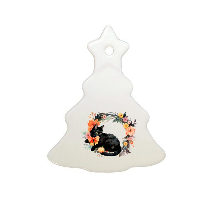 Floral Halloween Wreath Cute Black Cat Ceramic Tree Ornament