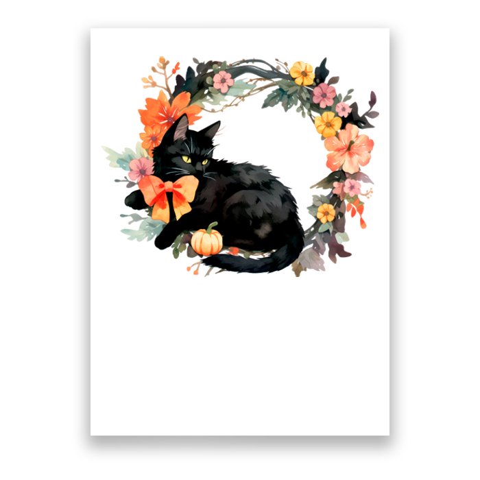 Floral Halloween Wreath Cute Black Cat Poster