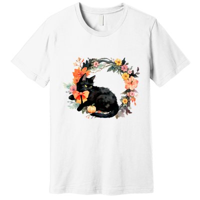 Floral Halloween Wreath Cute Black Cat Premium T-Shirt