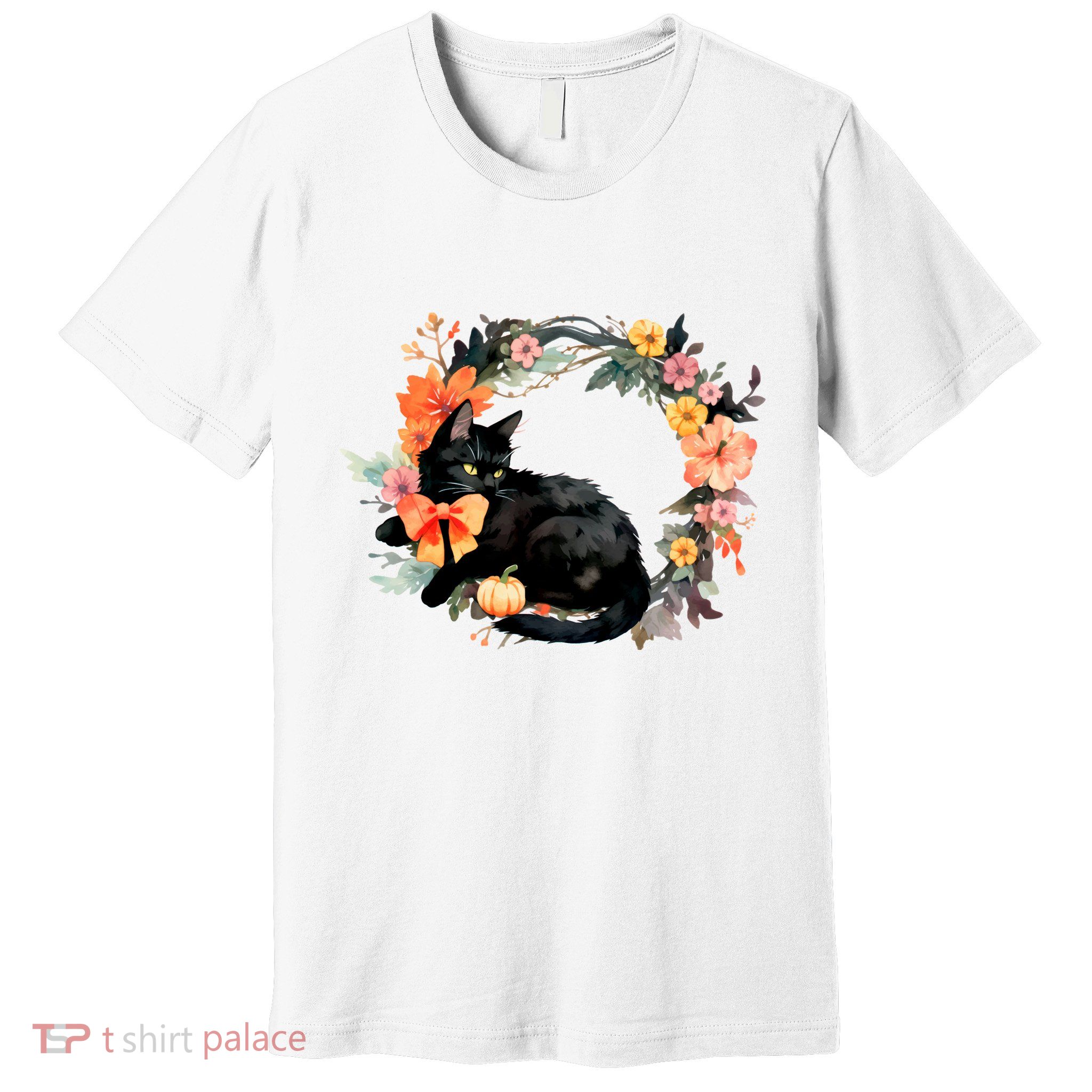 Floral Halloween Wreath Cute Black Cat Premium T-Shirt