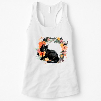 Floral Halloween Wreath Cute Black Cat Womens Tank Top