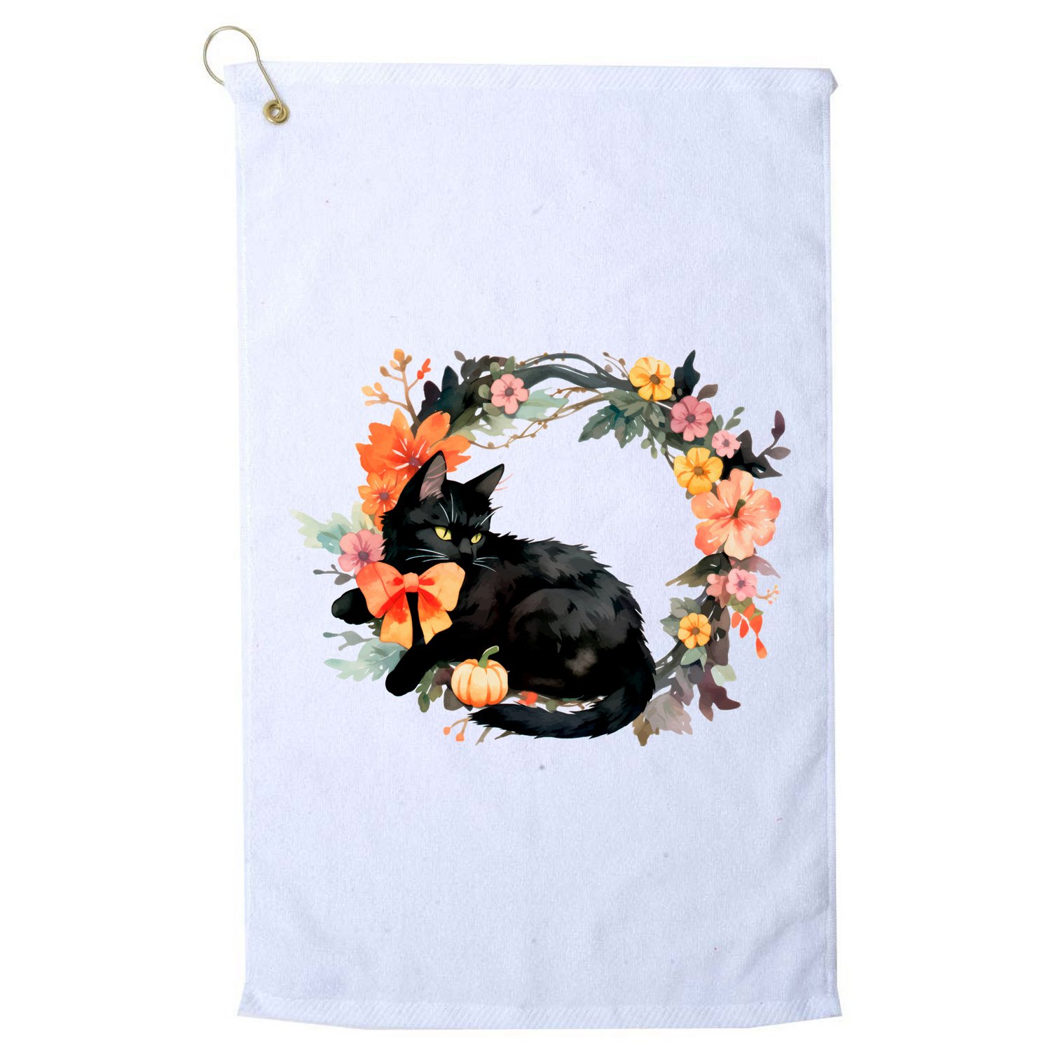 Floral Halloween Wreath Cute Black Cat Golf Towel