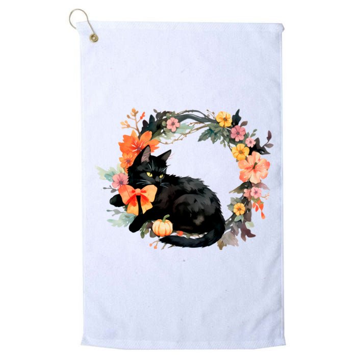 Floral Halloween Wreath Cute Black Cat Platinum Collection Golf Towel