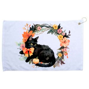 Floral Halloween Wreath Cute Black Cat Grommeted Golf Towel