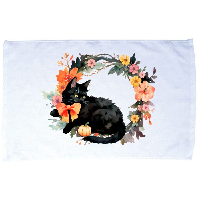 Floral Halloween Wreath Cute Black Cat Microfiber Hand Towel