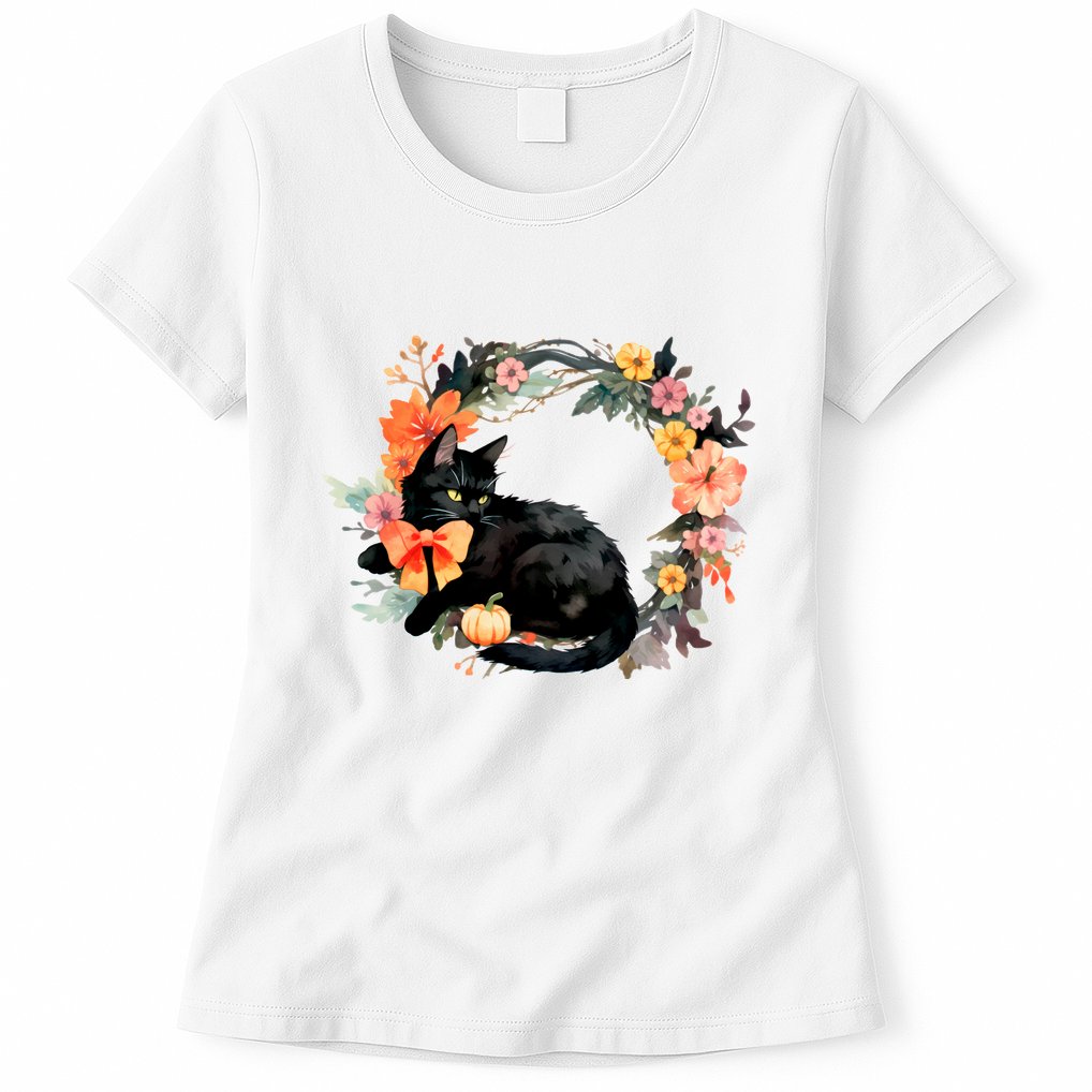 Floral Halloween Wreath Cute Black Cat Womens T-Shirt