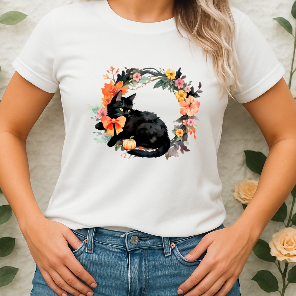 Floral Halloween Wreath Cute Black Cat Womens T-Shirt
