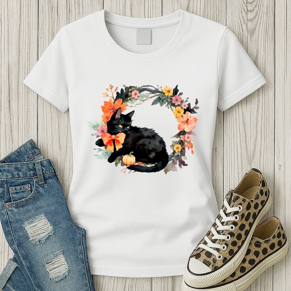 Floral Halloween Wreath Cute Black Cat Womens T-Shirt