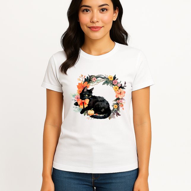 Floral Halloween Wreath Cute Black Cat Womens T-Shirt