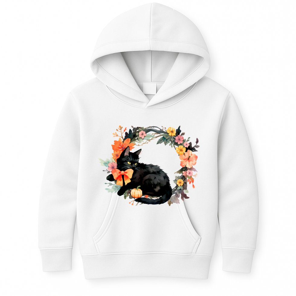 Floral Halloween Wreath Cute Black Cat Kids Hoodie