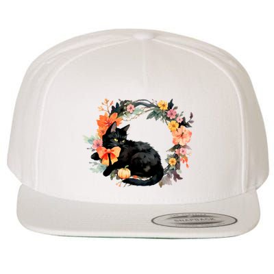 Floral Halloween Wreath Cute Black Cat Wool Snapback Cap