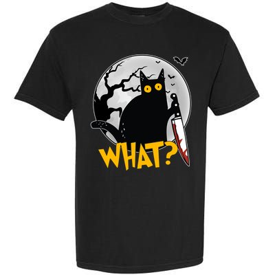 Funny Halloween What Killer Black Cat With Knife Garment-Dyed Heavyweight T-Shirt
