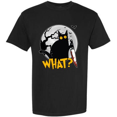 Funny Halloween What Killer Black Cat With Knife Garment-Dyed Heavyweight T-Shirt