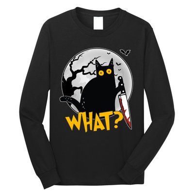 Funny Halloween What Killer Black Cat With Knife Long Sleeve Shirt