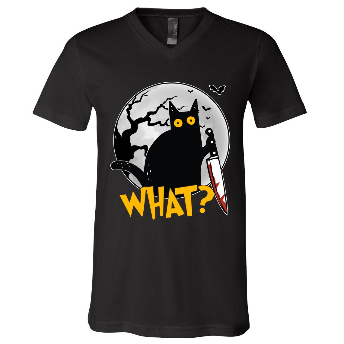 Funny Halloween What Killer Black Cat With Knife V-Neck T-Shirt