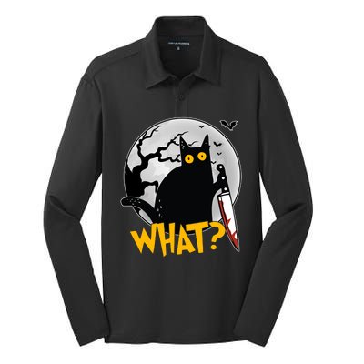 Funny Halloween What Killer Black Cat With Knife Silk Touch Performance Long Sleeve Polo