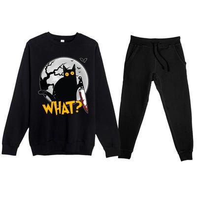 Funny Halloween What Killer Black Cat With Knife Premium Crewneck Sweatsuit Set