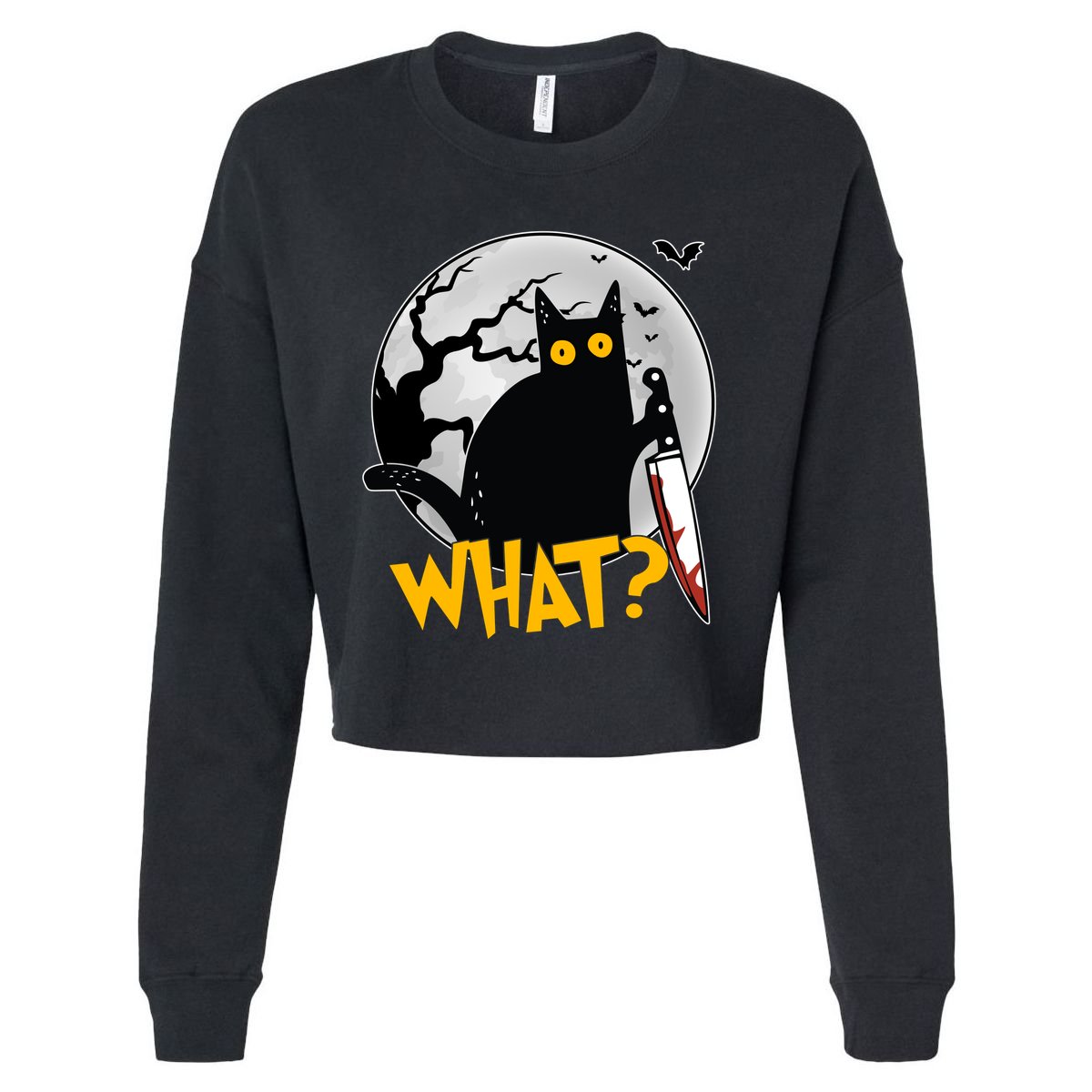 Funny Halloween What Killer Black Cat With Knife Cropped Pullover Crew