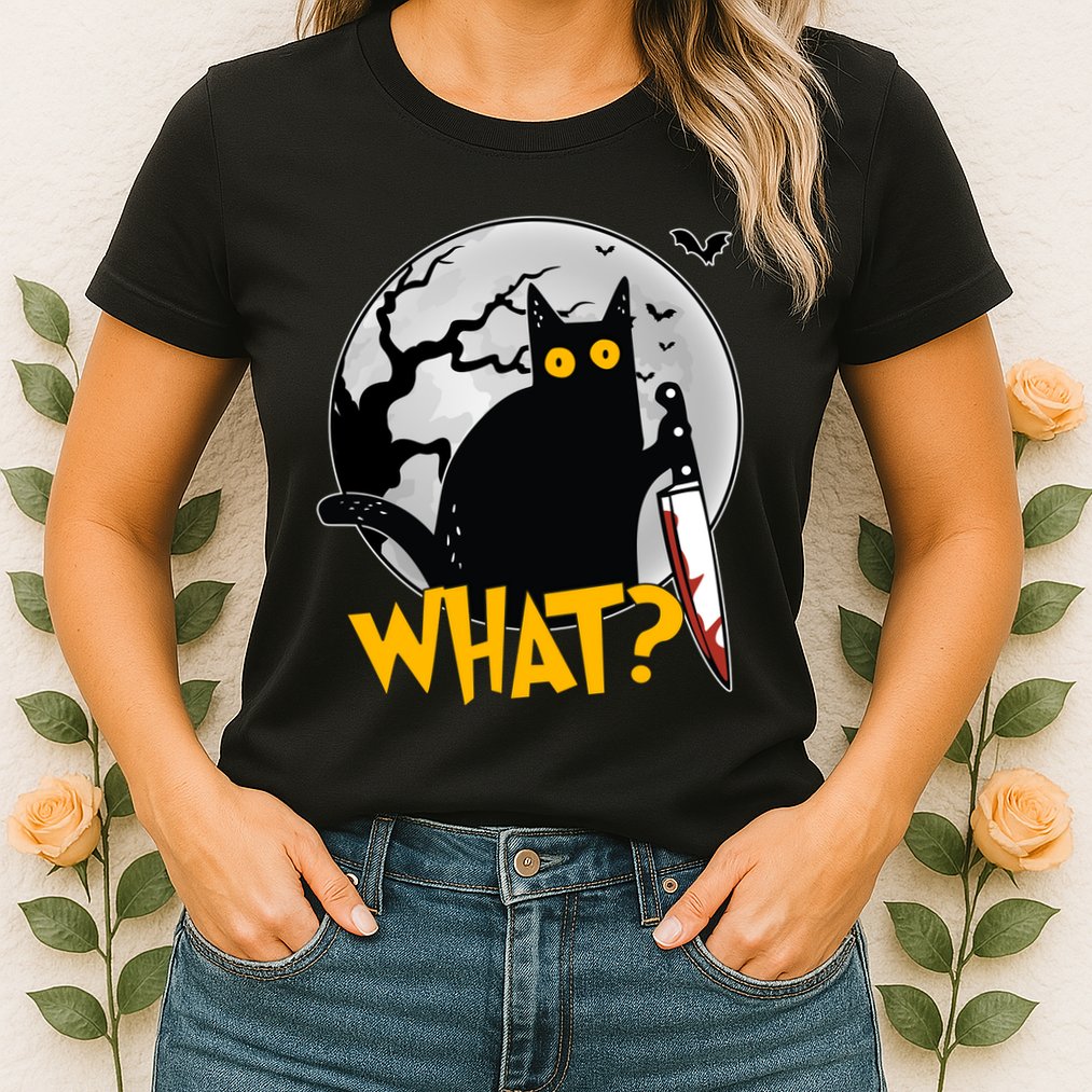 Funny Halloween What Killer Black Cat With Knife Womens T-Shirt