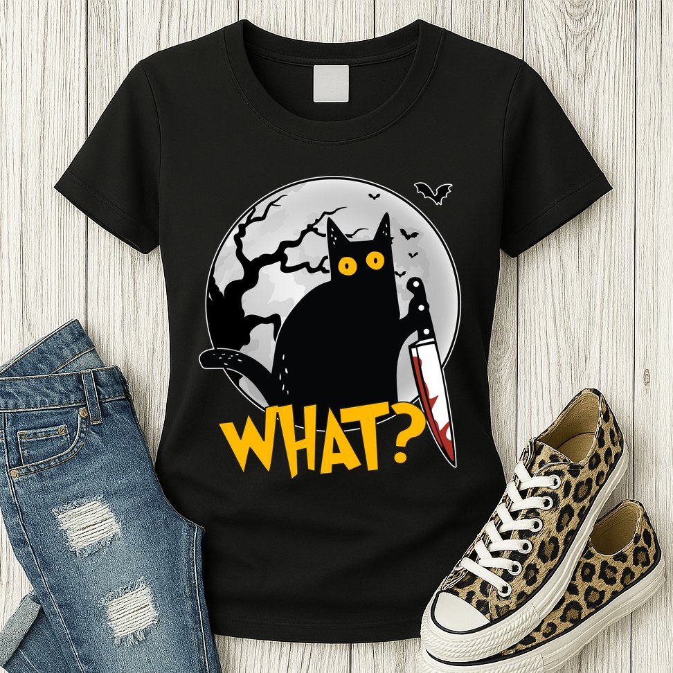 Funny Halloween What Killer Black Cat With Knife Womens T-Shirt