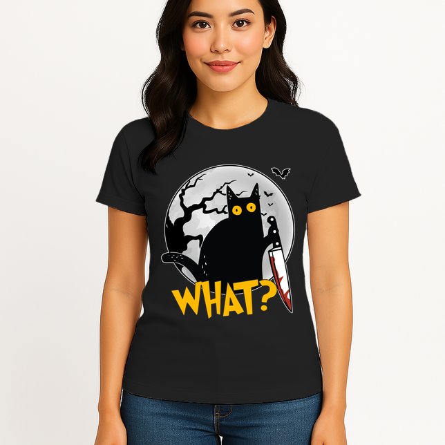 Funny Halloween What Killer Black Cat With Knife Womens T-Shirt