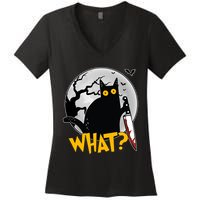 Funny Halloween What Killer Black Cat With Knife Women's V-Neck T-Shirt
