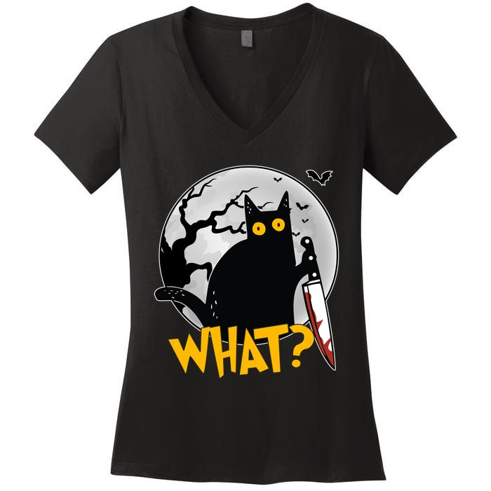 Funny Halloween What Killer Black Cat With Knife Women's V-Neck T-Shirt