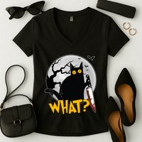 Funny Halloween What Killer Black Cat With Knife Women's V-Neck T-Shirt