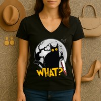 Funny Halloween What Killer Black Cat With Knife Women's V-Neck T-Shirt