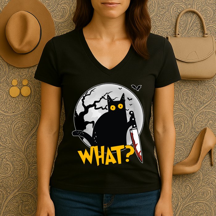Funny Halloween What Killer Black Cat With Knife Women's V-Neck T-Shirt