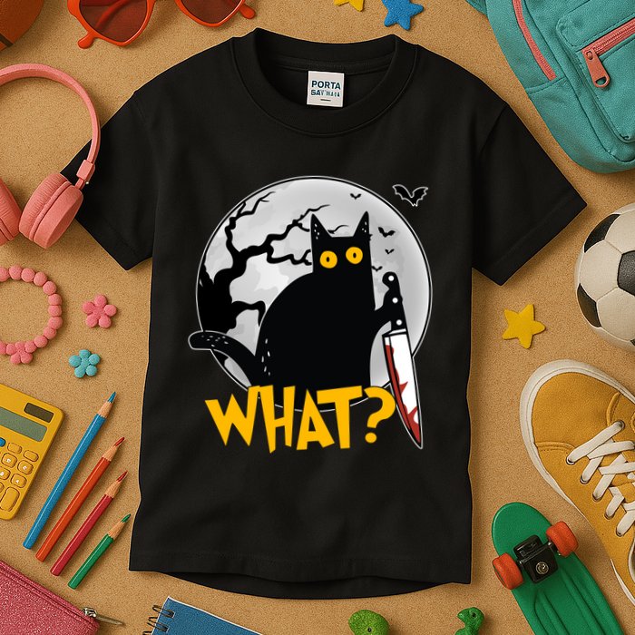 Funny Halloween What Killer Black Cat With Knife Kids T-Shirt