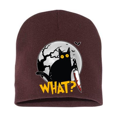 Funny Halloween What Killer Black Cat With Knife Short Acrylic Beanie
