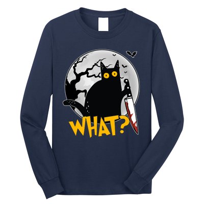 Funny Halloween What Killer Black Cat With Knife Long Sleeve Shirt