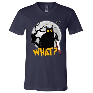 Funny Halloween What Killer Black Cat With Knife V-Neck T-Shirt