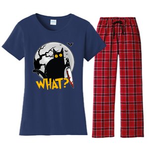 Funny Halloween What Killer Black Cat With Knife Women's Flannel Pajama Set