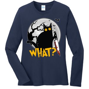 Funny Halloween What Killer Black Cat With Knife Ladies Long Sleeve Shirt