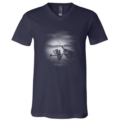 Fishing Hand With Reel Monochromatic V-Neck T-Shirt